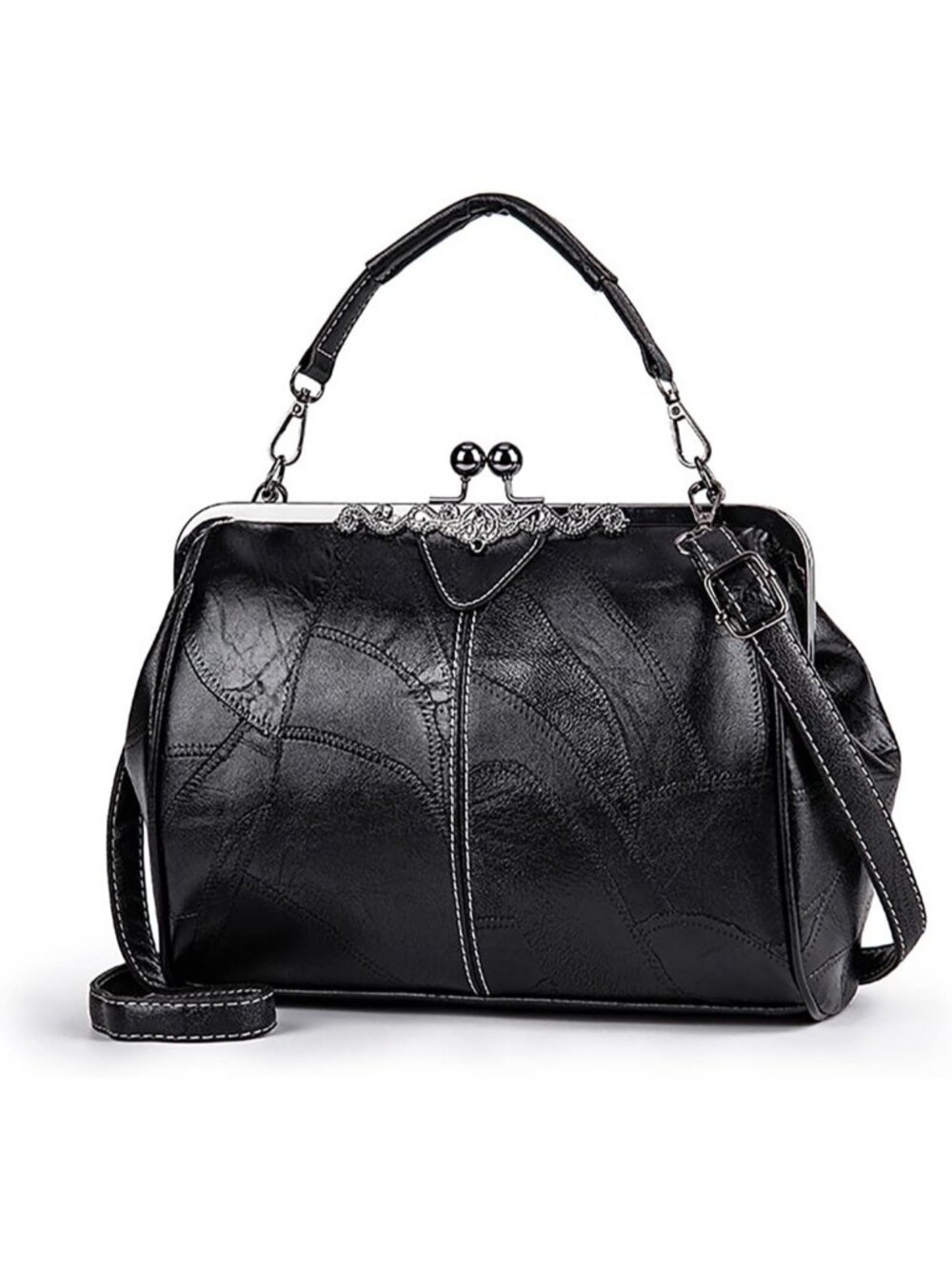Women's Black Vintage Hollow Handbag Oil Leather Shoulder Crossbody Bag Satchel